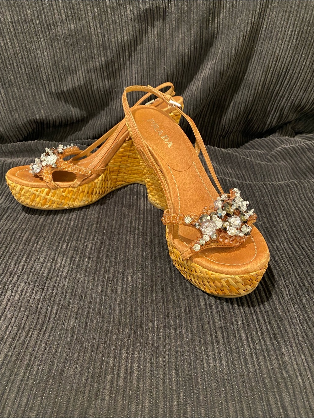 Prada Tan Crystal-Embellished Wedge Sandals